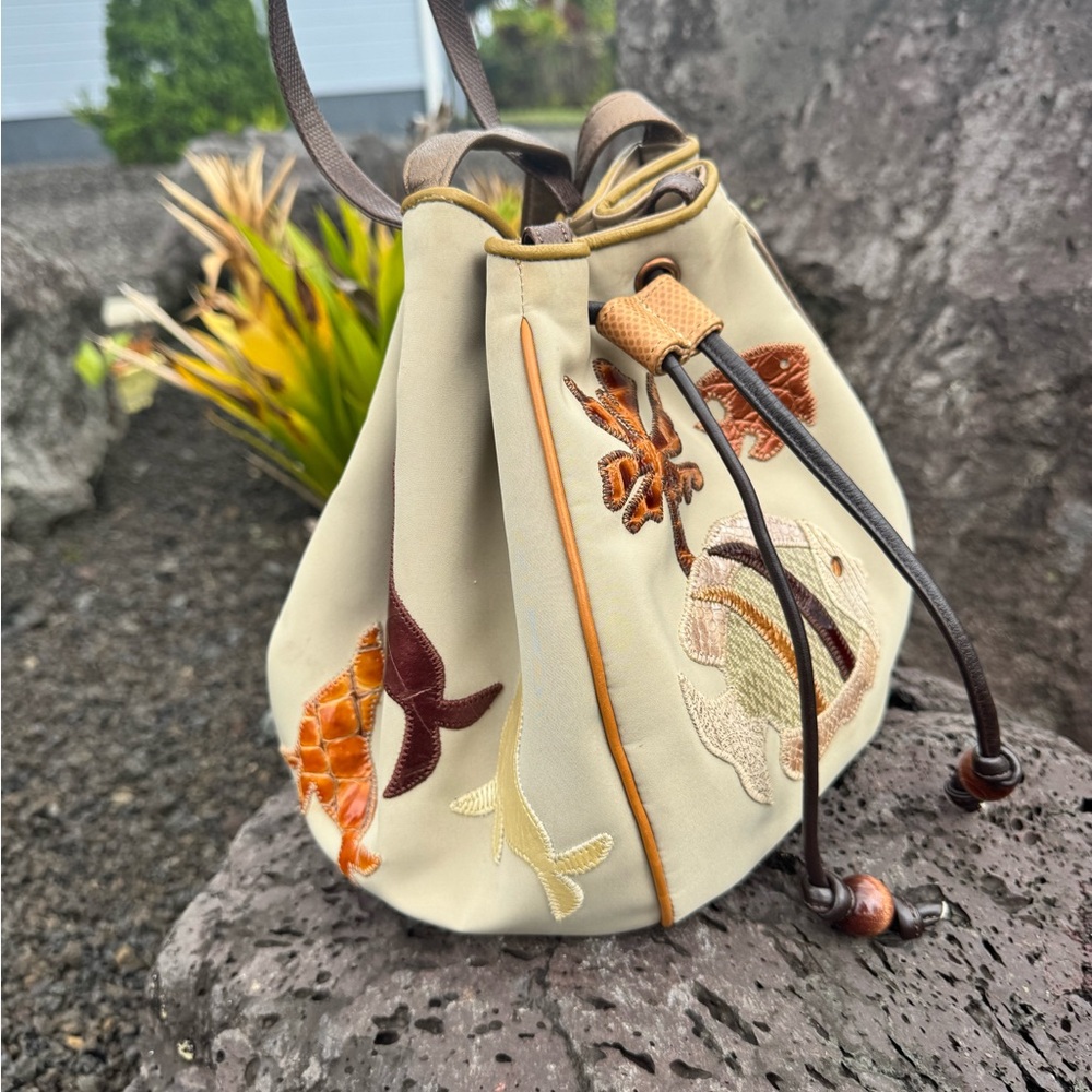 Sharif Vintage Made in USA Drawstring Bucket Bag Tropical Appliqué - Picture 4 of 16